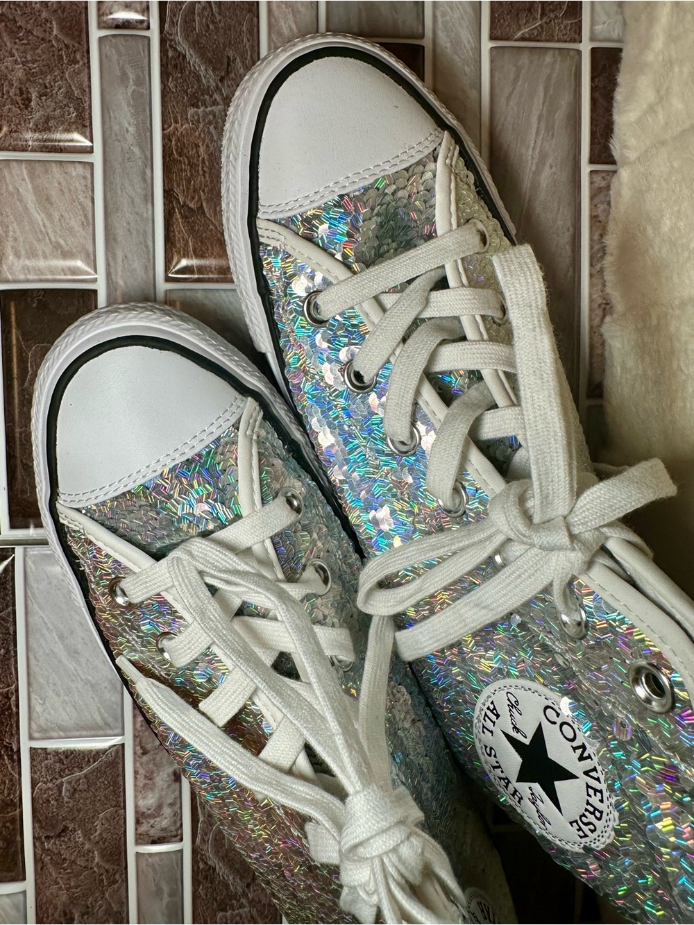 Rare Converse Chuck Taylor All Star High Mini Sequins Silver Hi Tops 8 - Picture 12 of 13